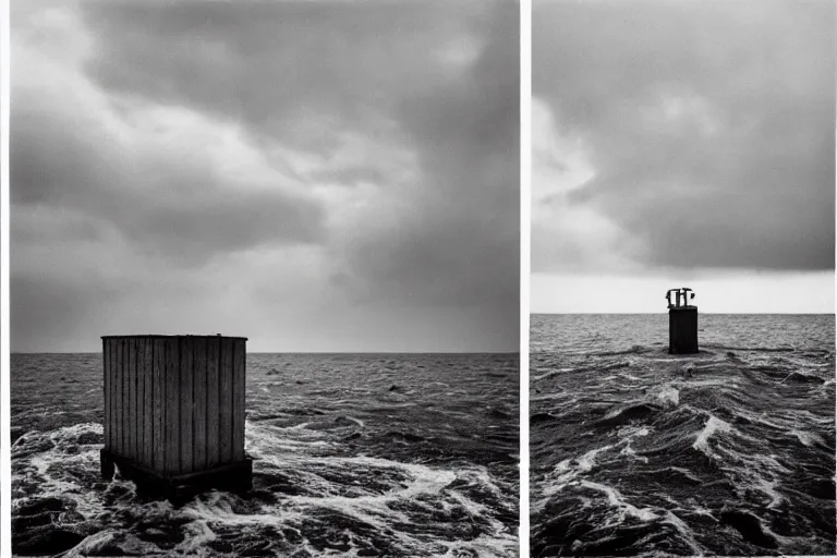 Image similar to danila tkachenko, low key lighting, an abandoned soviet building block in the middle of the ocean, storm, lighning storm, crashing waves, dramatic lighting