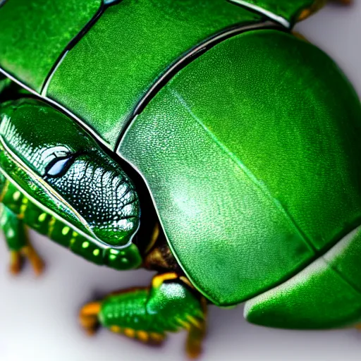 Image similar to hybrid of green beetle and turtle, photorealistic, close - up