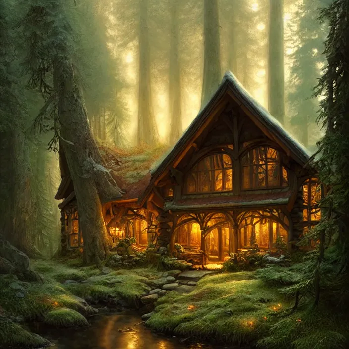 Image similar to cozy cabin in an ancient forest , diffuse lighting, fantasy, intricate, elegant, highly detailed, lifelike, photorealistic, digital painting, artstation, illustration, concept art, smooth, sharp focus, art by John Collier and Albert Aublet and Krenz Cushart and Artem Demura and Alphonse Mucha