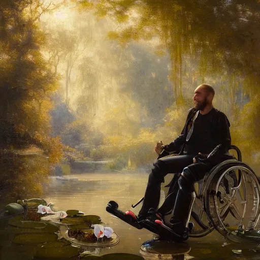 Image similar to handsome portrait of a wheelchair guy fitness posing, radiant light, caustics, war hero, smooth, one legged amputee, reflective koi pond, party balloons, white orchids, mushrooms, lush garden surroundings, by gaston bussiere, bayard wu, greg rutkowski, giger, maxim verehin