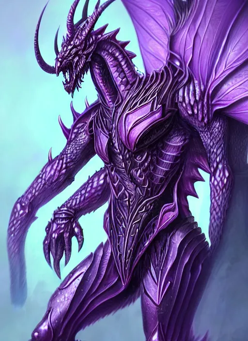 Prompt: muscular and tall purple ghostly fire humanoid dragon!!!! draconian!! intricate ornate iridescent heavy armor!! character concept art, sharp focus, octane render! unreal engine 5! highly rendered!! trending on artstation!! detailed linework!! illustration by artgerm, wlop, and chie yoshii