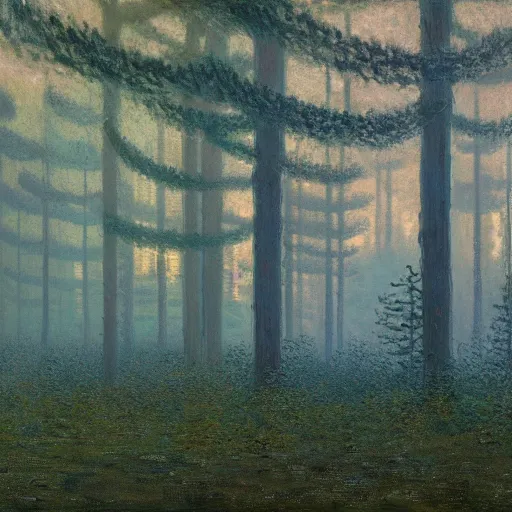 Image similar to A quiet forest by Simon Stålenhag and Claude Monet