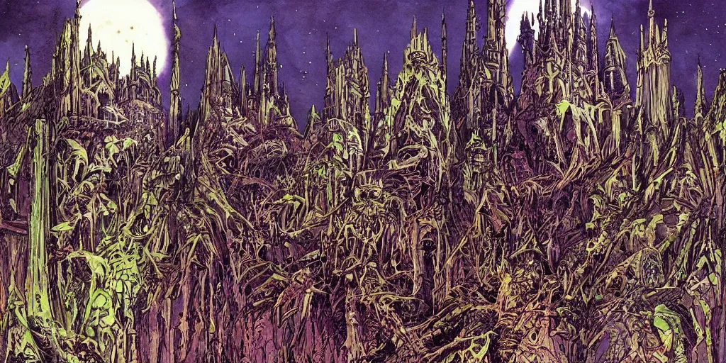 Prompt: scifi gothic castle bustling with orcs and elven mystics, by philippe druillet, psychedelic colors
