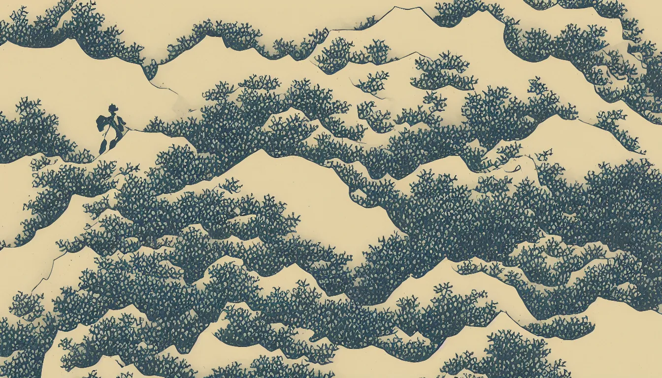 Image similar to lone backpacker on mountain ridgeline, minimalist line art by hokusai, clean long lines, ultra detailed