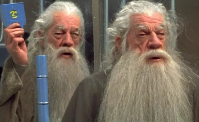 Prompt: security cam bad vhs footage of stoned gandalf smoking a joint around walmart,