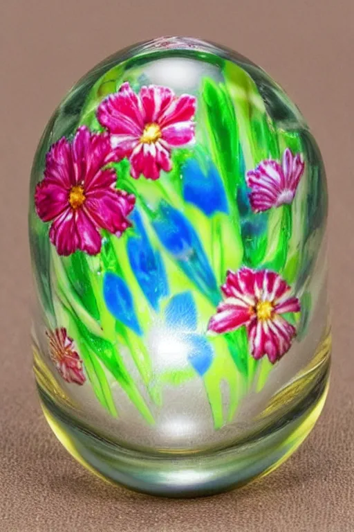 Prompt: realistic detailed glass paperweight with colorful flowers inside the glass