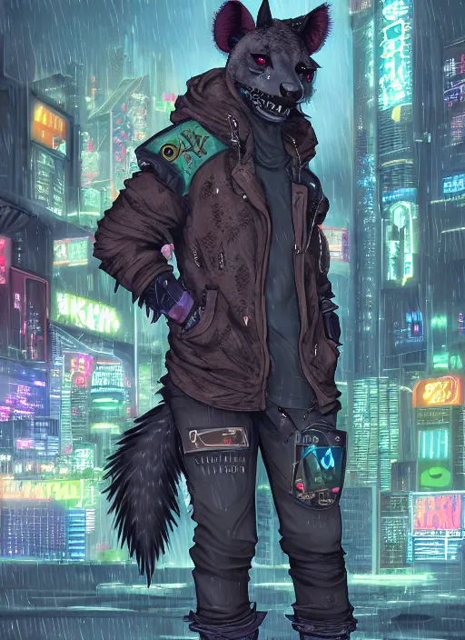 Prompt: character portrait of a male anthro hyena fursona with a tail and a cute beautiful attractive detailed furry face wearing stylish cyberpunk clothes in a cyberpunk city at night while it rains. color page, tankoban, 4K, tone mapping. By Nomax, Kenket, Rukis.