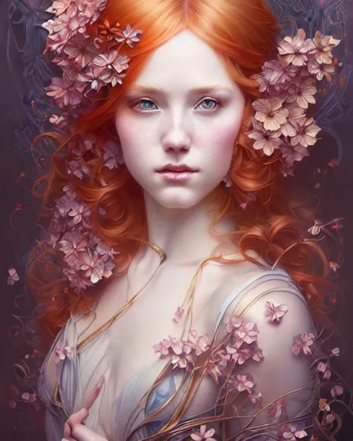 Image similar to Beautiful, naughty and playful ethereal ginger portrait, art nouveau, fantasy, intricate flower designs, elegant, highly detailed, sharp focus, art by Artgerm and Greg Rutkowski and WLOP