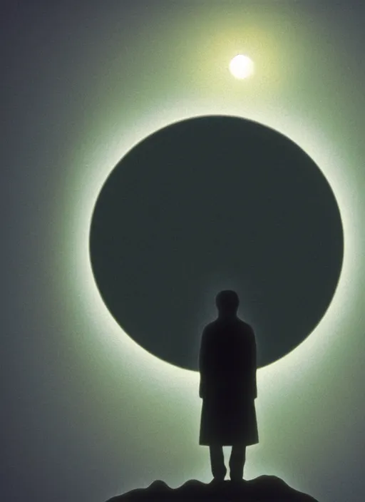 Prompt: a human silhouette observing an eclipse in the distance, painted by caspar david friedrich with chromatic chromatic aberration and datamoshing artifacts