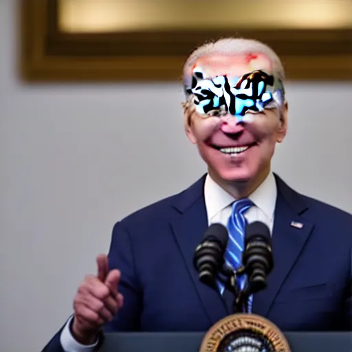 Prompt: joe biden in shadow grinning glowing eyes, backlit, 8 k, rule of thirds, ultra detailed.