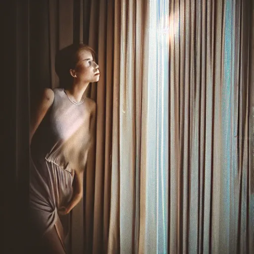 Prompt: photography of female models behind white curtains, dramatic light, cinestill, filmstill, bokeh, long exposure, god rays, magic hour