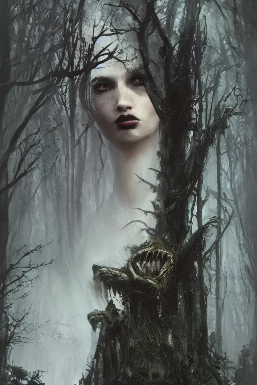Image similar to gothic queen in the darkness of the forest by Darek Zabrocki and zdzislaw beksinki, gothic, trending on artstation, artstationHD, artstationHQ, 4k, 8k
