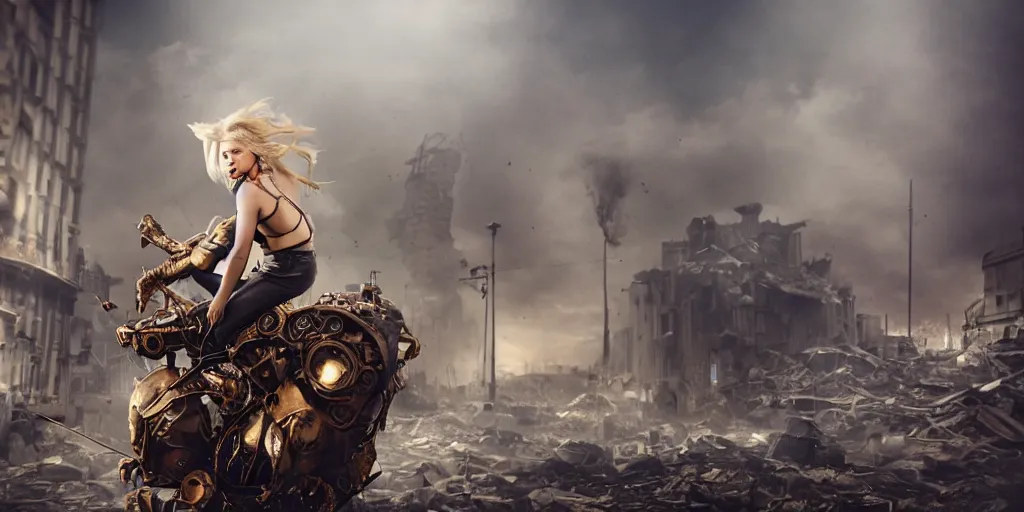 Image similar to a beautiful blond woman riding a giant steampunk ant in a destroyed city, 8 k, moody lighting, shallow depth of field,