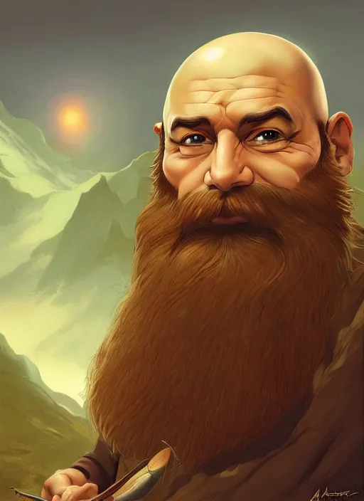 Prompt: a highly detailed symmetrical airbrush painting of a bald male dwarf with long brown beard in a mountainous landscape, morning, dynamic lighting, ambient lighting, deviantart, art by artgerm, frank frazetta and glenn fabry