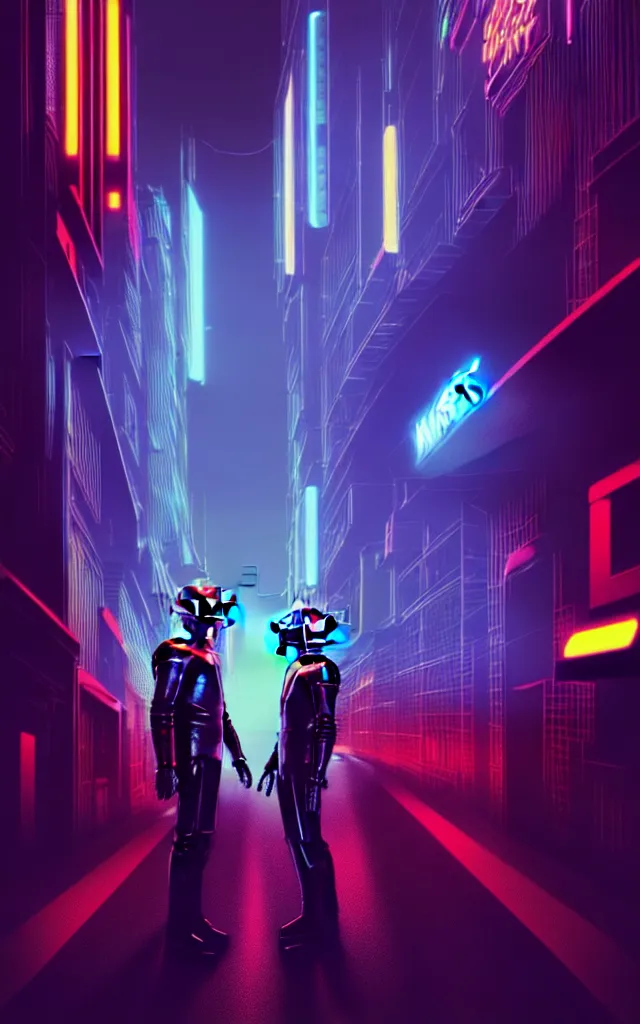 Image similar to concept art of daft punk at a magnificent dark neon futuristic cyberpunk city bustling street at night cyberart by liam wong in the film akira rendered in octane, 3 d render, trending on cgsociety, blender 3 d