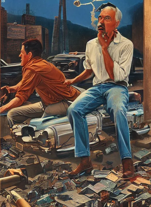 Prompt: a convergence of bad ideas, an ultrafine detailed painting by john philip falter, austin briggs, cg society, american scene painting, dystopian art, american realism, academic art, movie poster, poster art