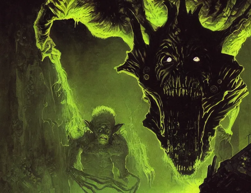 Prompt: a close - up view portrait of a silhouetted supernatural goblin in brutalist halls with metallic alien technology. close - up view, detailed textures. glowing green purple fog, dark black background. highly detailed fantasy science fiction painting by moebius, norman rockwell, frank frazetta, and syd mead. rich colors, high contrast