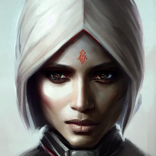 Image similar to darth alphinaud leveilleur, freida pinto, art by artgerm and greg rutkowski and magali villeneuve, portrait, highly detailed, headshot, intricate, elegant, digital painting, trending on artstation, concept art, sharp focus, illustration