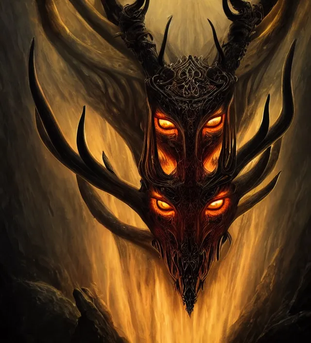 Image similar to a symmetrical matte portrait of evil druidess with glowing amber eyes, dragon wings and demonic antlers, cinematic atmospheric lighting, dark, atmospheric, brooding, painted, intricate, ultra - detailed by dave dorman, well composed, best on artstation, cgsociety, epic, stunning, gorgeous, intricate details, wow, masterpiece