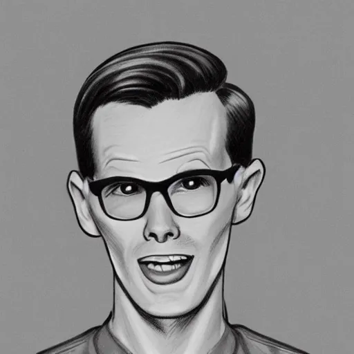 Prompt: A 1950s Style Comic-Like Drawing of iDubbbz, grainy, realistic, hyperrealistic, very realistic, very very realistic, highly detailed, very detailed, extremely detailed, detailed, digital art, trending on artstation, detailed face, very detailed face, very detailed face, realism, HD Quality, 8k resolution, intricate details, body and head in frame, drawing, inked drawing, comic drawing, neat drawing, 1950s, 50s, in the style of Frank Hampson, in the style of Frank Bellamy, in the style of Dave Gibbons, in the style of Don Lawrence, in the style of Wally Wood