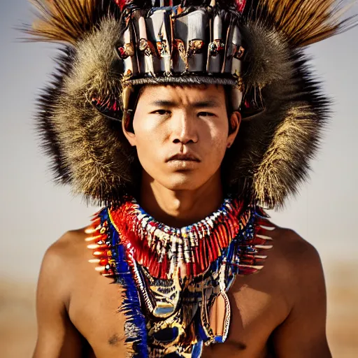 Image similar to a portrait of a beautiful young raramuri male wearing an alexander mcqueen armor , photographed by andrew thomas huang, artistic