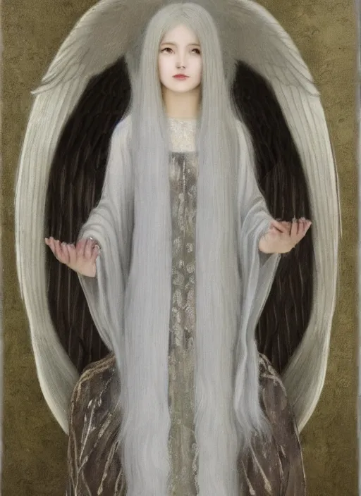 Prompt: thin young beautiful angel with silver hair so long, pale!, wearing silver hair, silver angel wings, young adorable korean face, silver hair!!, oil on canvas, style of fernand khnopff, 4 k resolution, aesthetic!,