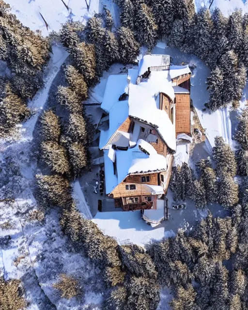 Prompt: hidden mansion on fire in the alps with snow covered roof, zoomed out, shot from drone, iphone capture