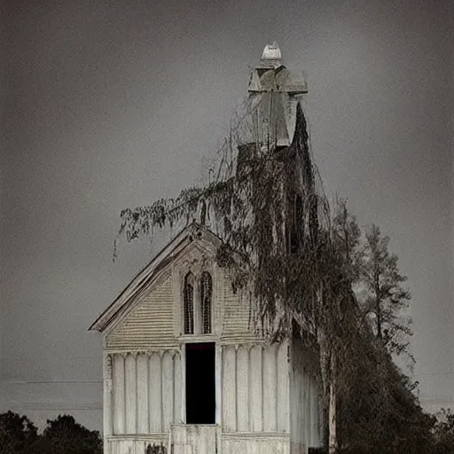 Image similar to picture of an old wooden white church, 1 9 th century southern gothic scene, made by zhang kechun