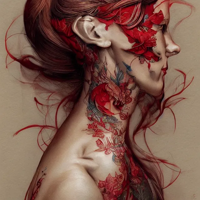 Image similar to ultra realistic illustration, beautifulwoman dressed in red kimono, backview, tattoos, in the style of peter mohrbacher by weta digital and beth cavener, high face symmetry, intricate, masterpiece, award winning, high face symmetry, intricate