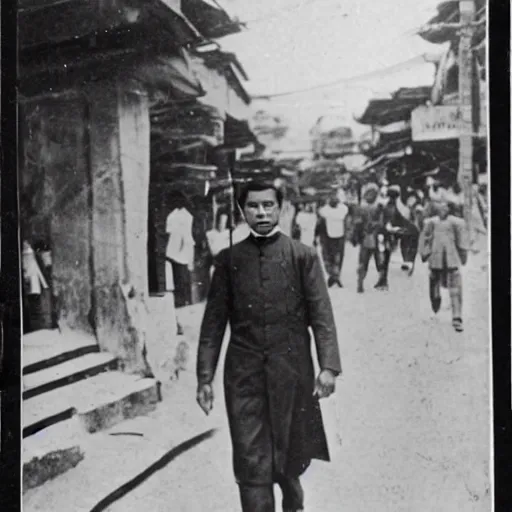 Image similar to vintage photo of jose rizal walking in manila streets in the 1 9 0 0 s