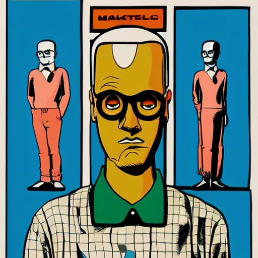 Prompt: three characters by daniel clowes : : graphic art on a stylish background, subdued colors, detailed drawing