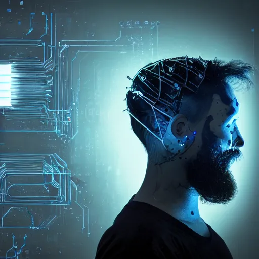 Image similar to Beautiful Photo of Arduino Uno in the robot's head. beard man. Cyberpunk. splatterpunk. 4K