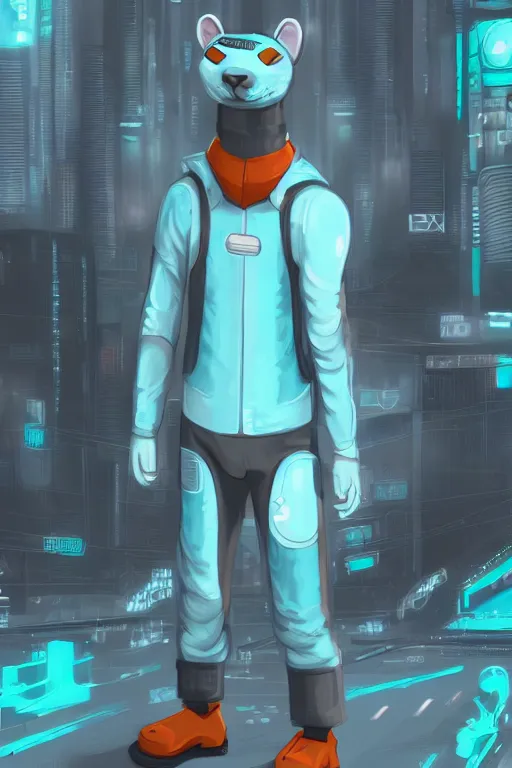 Image similar to a cute male gray turquoise white orange otter fursona wearing tight futuristic clothes in the streets of cyberpunk city, fantasy, paws, 8 k resolution, hyper detailed, character design