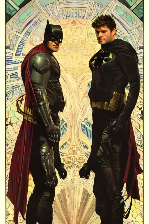 Prompt: a detailed matte portrait of jensen ackles dressed as batman and misha collins dressed as robin, masterpiece, 8 k, art by alphonse mucha and greg rutkowski