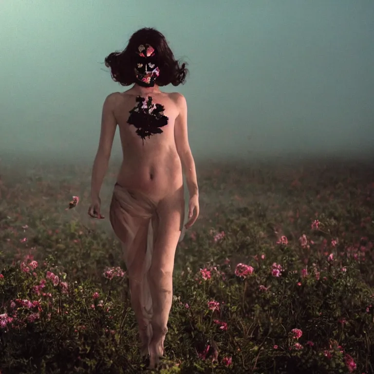 Image similar to The full body shot of beautiful pale woman with many flowers and full-face black mask with glowing halo, a thick black smoke in rocky desert landscape, glowing eyes, falling star on the background, burning earth by Christopher Doyle, Gaspar Noe, Tarkovsky, Alejandro Jodorowsky, anamorphic lens, cinematic composition, award winning photo, 8k