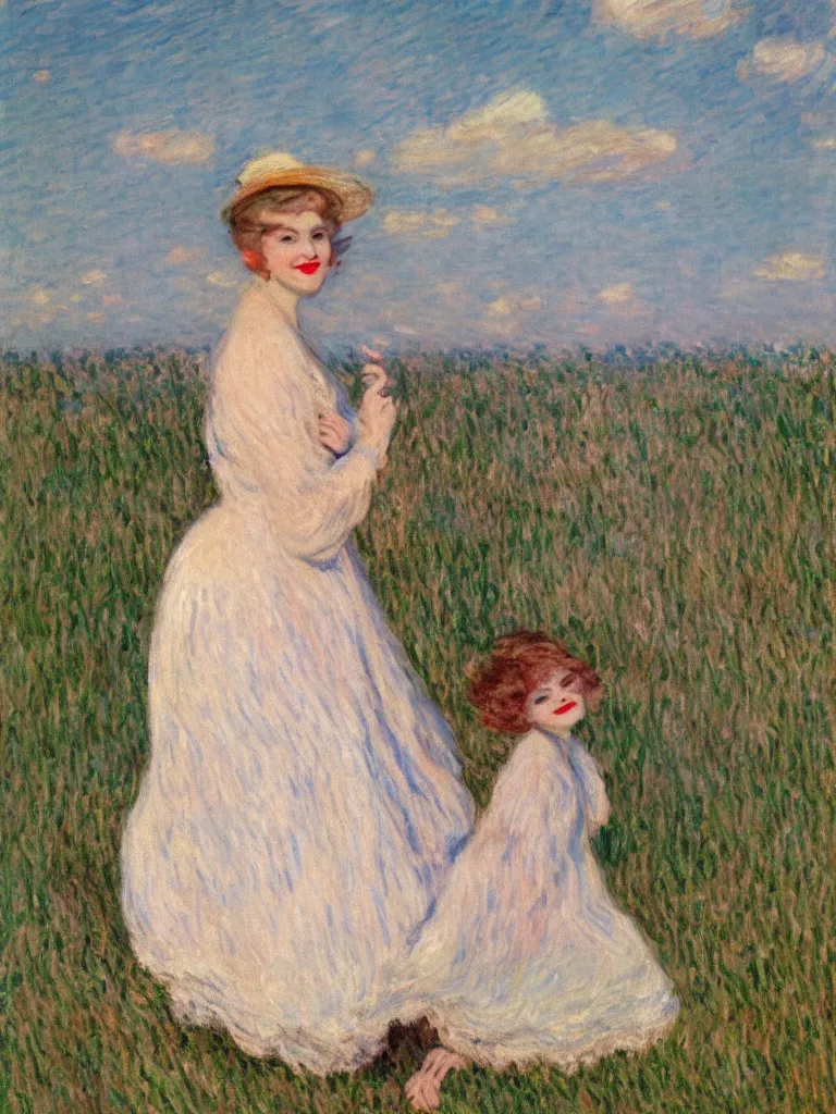 Image similar to a beautiful young frog, wearing 1 9 2 0 s fashion, brown hair, slim, fair, turning her head and smiling, severe out of focus, depth of field, azure sky, fluffy white clouds, pleinairism, in the sun, backlit, oil on canvas, by monet, in the style of le promenade, impressionnisme