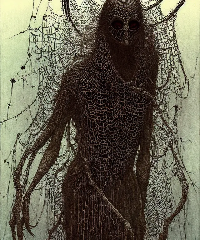 Image similar to a woman standing all covered in spiders. illustration of arachnophobia, fear of spiders, incredible number of spiders and bugs. extremely high details, realistic, horror, creepy, web, masterpiece, art by zdzislaw beksinski, arthur rackham, dariusz zawadzki