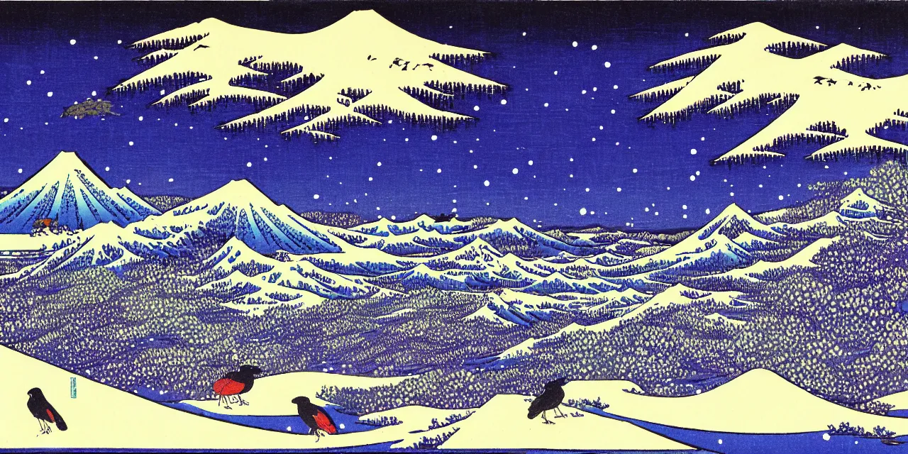 Prompt: laurentian appalachian mountains in winter, unique, original and creative landscape by hokusai, snowy night, distant town lights, aurora borealis, deers, ravens and crows, footsteps in the snow, brilliant composition, fascinating textures