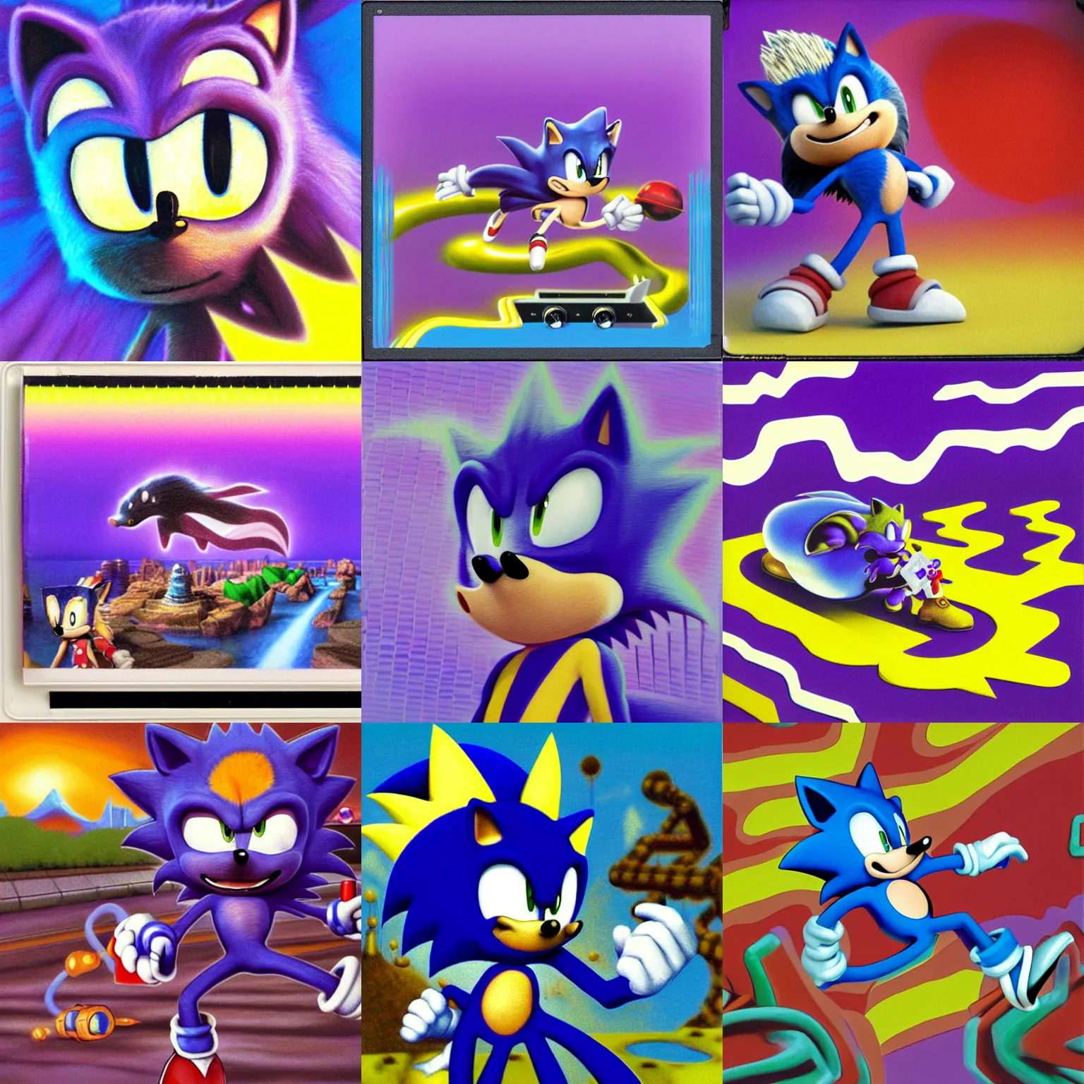 Image similar to polaroid portrait of sonic hedgehog and a matte painting landscape of a surreal, sharp, detailed professional, soft pastels, high quality airbrush art album cover of a liquid dissolving airbrush art lsd dmt sonic the hedgehog swimming through cyberspace, purple checkerboard background, 1 9 9 0 s 1 9 9 2 sega genesis rareware video game album cover