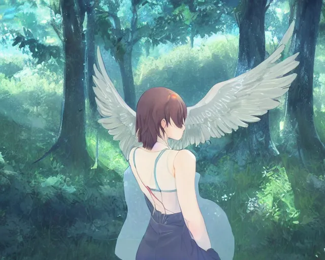 Image similar to a girl with two wings on her back in a forest. She has TWO wings on her back!!! Angel! Two blue wings!! She is facing the camera!!! Close up!! Front shot!! By Makoto Shinkai, trending on ArtStation, digital art.