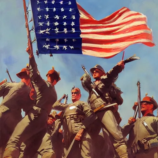 Image similar to greg manchess painting of a propganda poster of a group of soldiers raising the american flag, painting, trending on artstation, by huang guangjian and gil elvgren and sachin teng