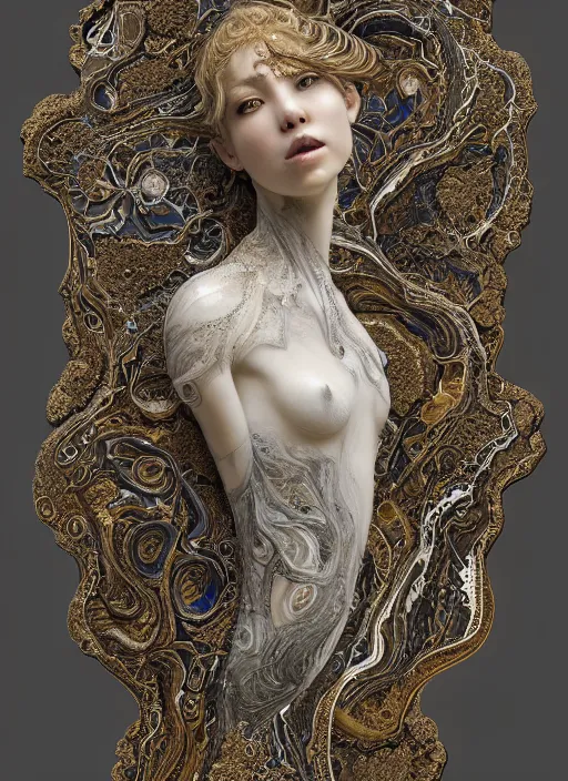 Prompt: marble sculpture of many beautiful woman, oil slick, palladium veins, dripping, mandelbulb, oil, melting, hypercube, ivory carving, fractal paisley inlay, lace, intricate, elegant, highly detailed, gold inlay, metallic, ivory, artgerm, lace, by ruan jia, greg rutkowski, mucha, zbrush, nick alm