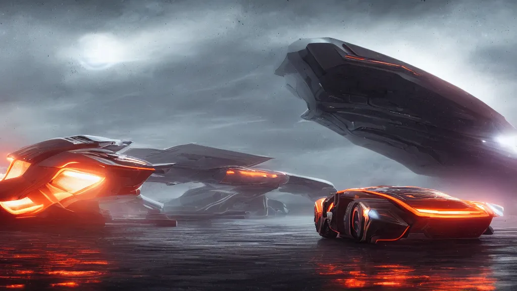 Prompt: a photorealistic dramatic hyperrealistic full frame render of a futuristic interstellar spacecraft, ultra realistic details, glossy white metal, orange racing stripes by greg rutkowski, james paick, nicolas bouvier sparth, ben mauro, ilm, beautiful dramatic dark moody tones and lighting, cinematic atmosphere, studio lighting, shadows, dark background, octane render, 8 k