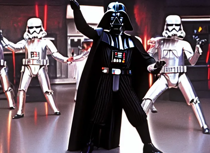 Image similar to film still of Darth Vader disco dancing exactly like John Travolta on the cover of Saturday Night Fever, 4k
