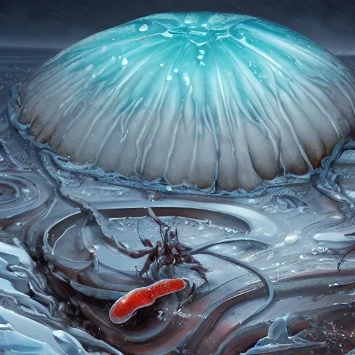 Image similar to giant jello worm in a icy desert, ice, snow, cold, by the tony sart and hr giger, artstation