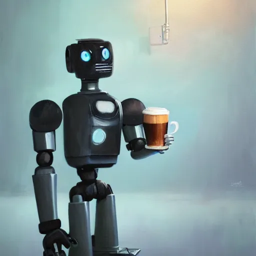 Prompt: soulful oil painting of a friendly empatic robot serving a cup of coffee, by simon stalenhaag, by laurie greasley, high depth of field, fresh colors, coffee beans, coffee, steam, hyperdetailed, hyperrealistic, moody light, 3 d octane render, 4 k, volumetric lights, smooth, cosy atmosphere, artstation!