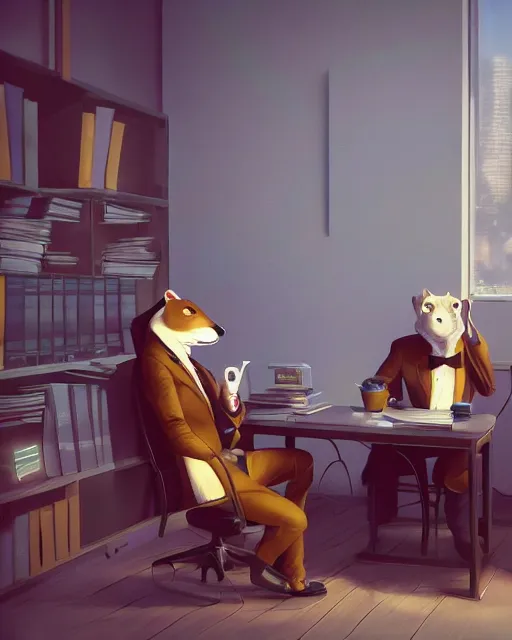 Image similar to artstation scifi scene of a weasel in suits drinking tea ， in a shabby lawyer office, wooden furnitures summer unreal engine 5, hyper realism, realistic shading, cinematic composition, blender render, octane render, hdr, detailed textures, photorealistic, wide shot