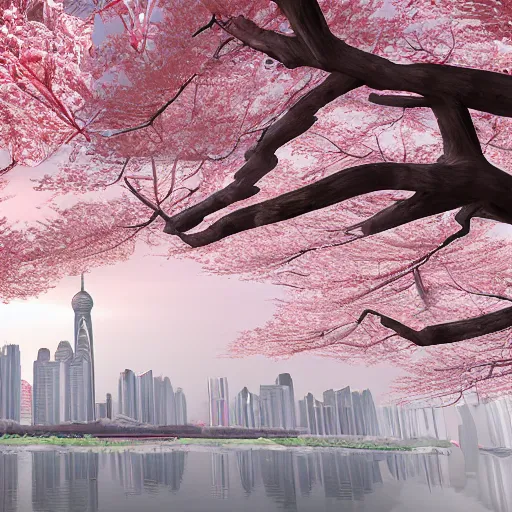 Prompt: chinese painting of shanghai full of sakura, unreal engine