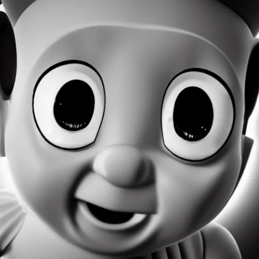 Image similar to black and white crying Teletubbies with wide open human realistic eyes with red veins, highly detailed, sharp focus, octane render