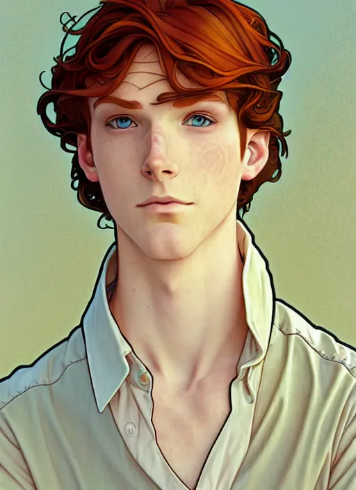 Prompt: well - lit art nouveau portrait of a young man with auburn hair, pale skin, freckles, light blue eyes, casual clothes, natural lighting, path traced, highly detailed, high quality, cartoon, digital painting, by don bluth and ross tran and studio ghibli and alphonse mucha